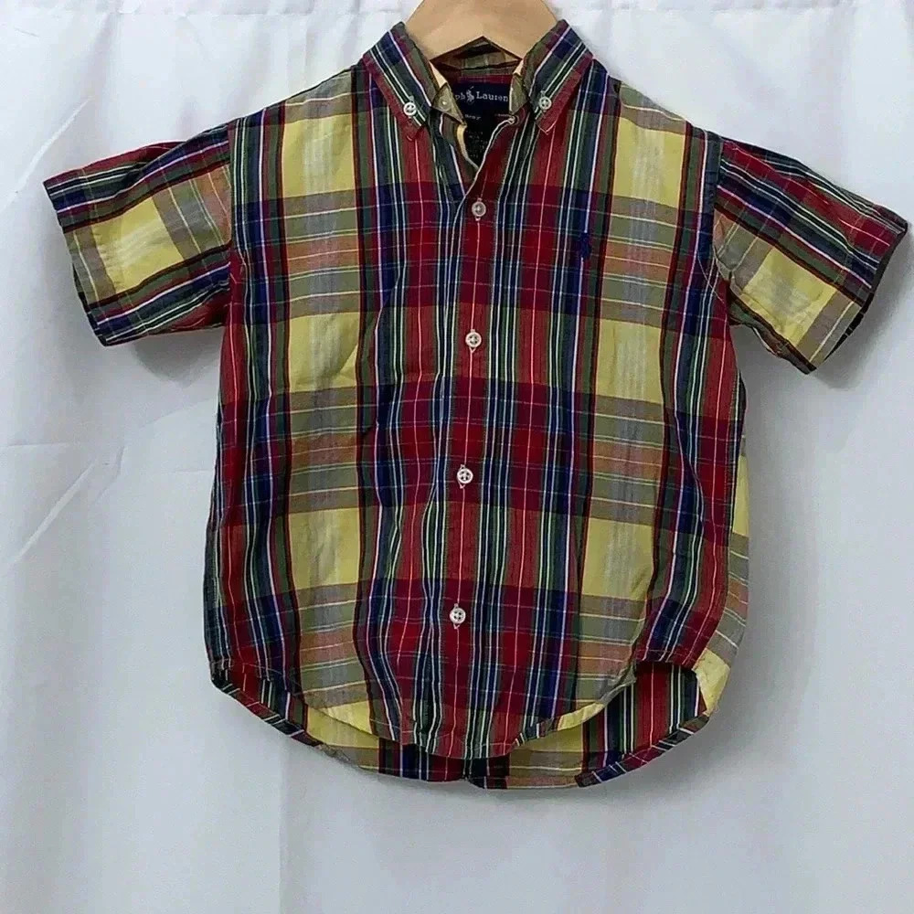Boys Ralph Lauren Short Sleeve Plaid Button Down‎ Shirt Size 3T EUC